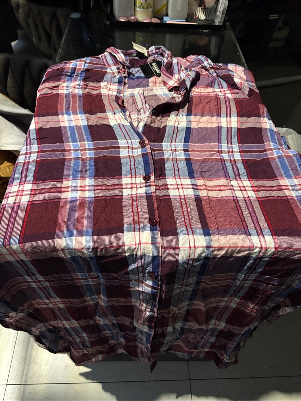 Rouge! Women's Plaid Button-Up Pajama Top - Burgundy, Pink, Blue, White